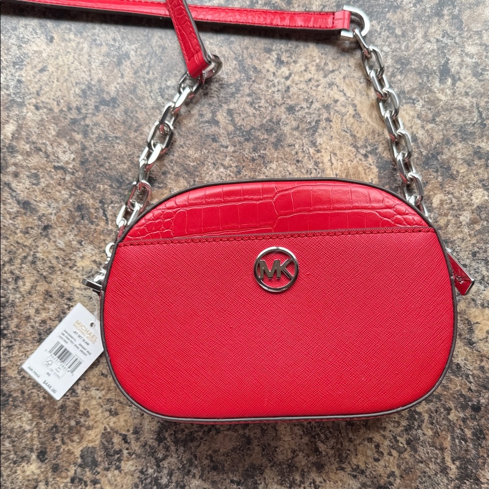 NWT - Michael Kors Vibrant Red Crossbody Leather Crossbody Bag with Chain Strap